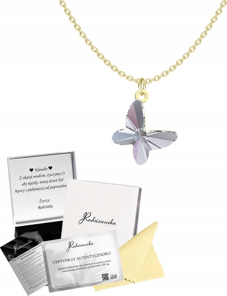 Radziszewska Jewellery ZŁOTY NASZYJNIK Z MOTYLEM ŁAŃCUSZEK KRYSZTAŁ PREZENT 925 ŻYCZENIA GRATIS