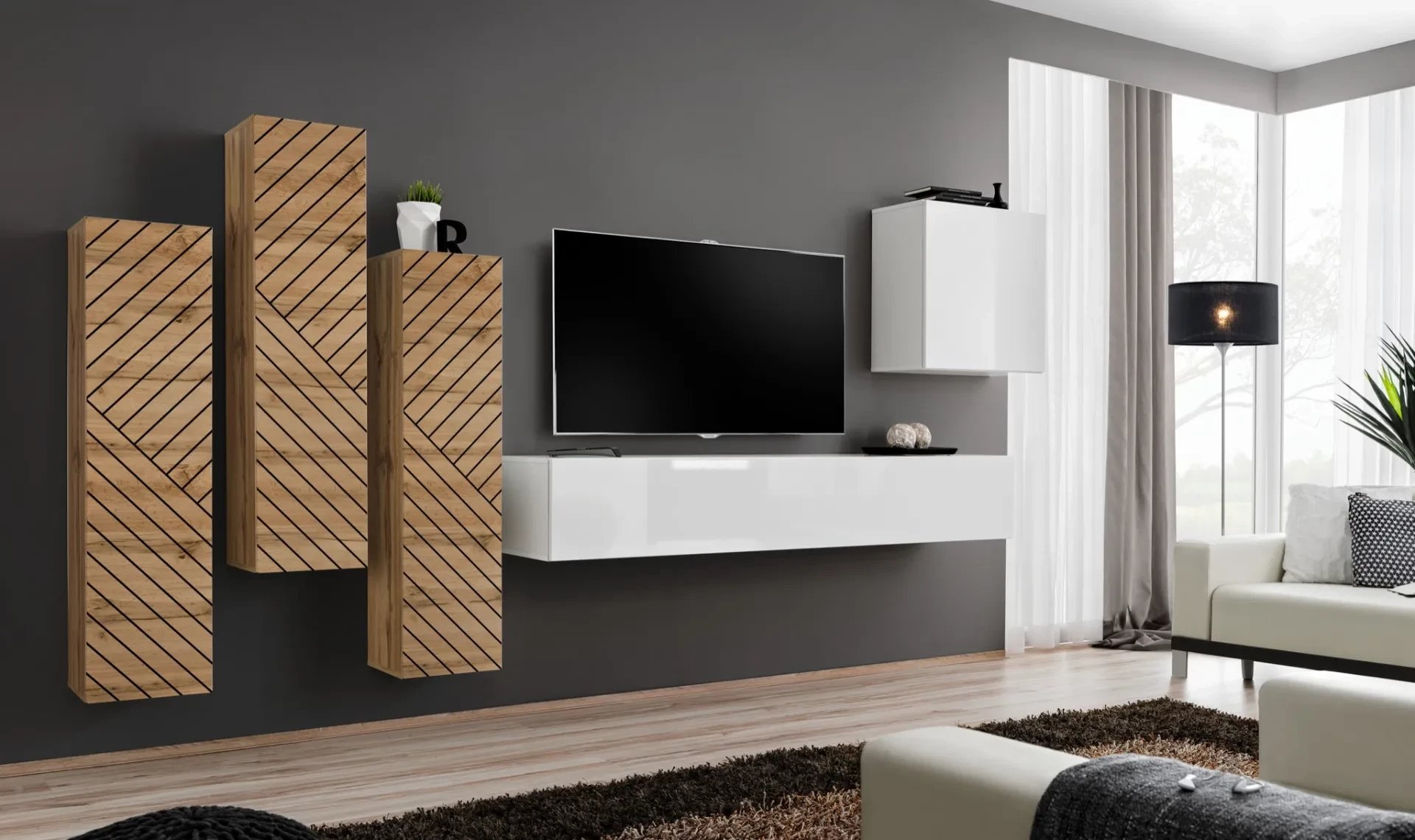 Meblościanka SWITCH LAMEL III dąb wotan/biała ASM Meble