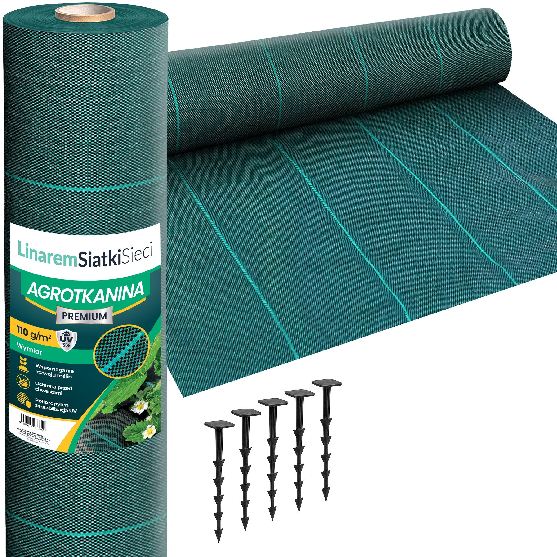 AGROTKANINA 110G 0,8x50m PREMIUM UV 3% AGROWŁÓKNINA ZIELONA MATA + KOŁKI