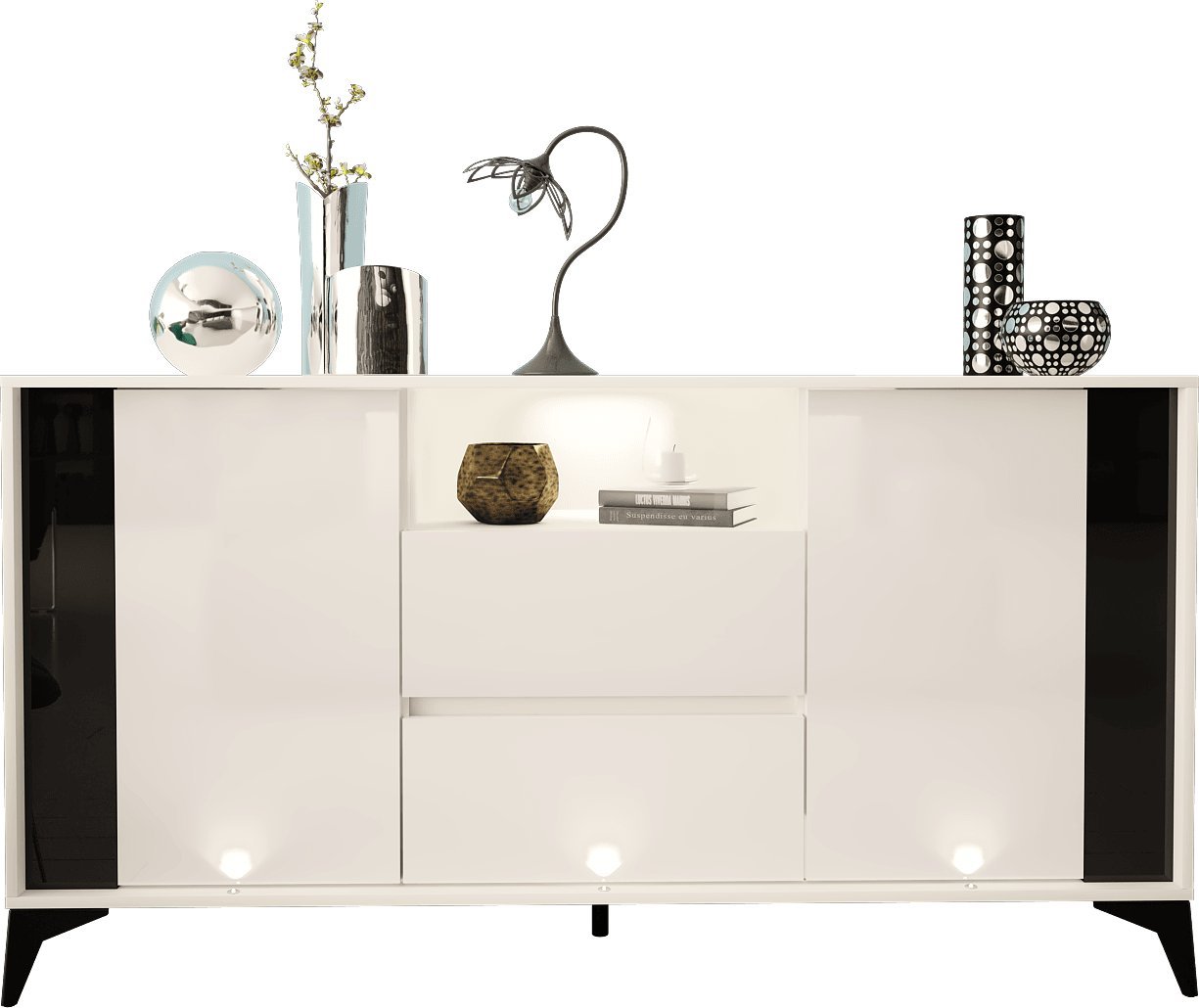 MEGSTYL Komoda 160cm z czarną wstawką i nóżkami - evel 3 biały mat - biały połysk