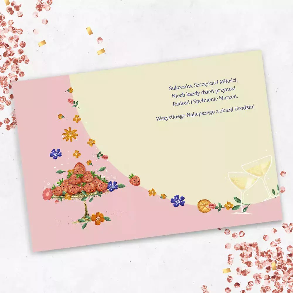 Karnet A5 Urodziny 50 - Patera z truskawkami