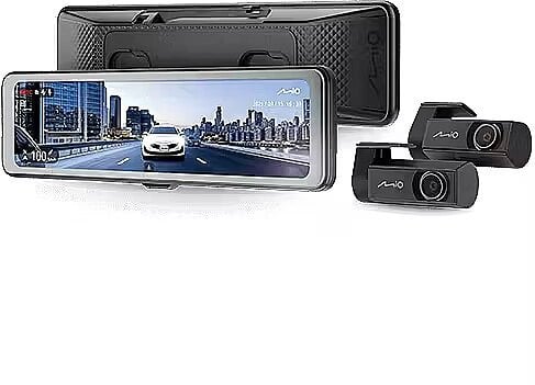 „Mio MiVue R860WD“, vaizdo registratorius | GPS | „Wi-Fi“ | Priekinė ir galinė kameros sinchronizuotos įrašymui su netrukdomu vaizdu; 11,26 colio IPS