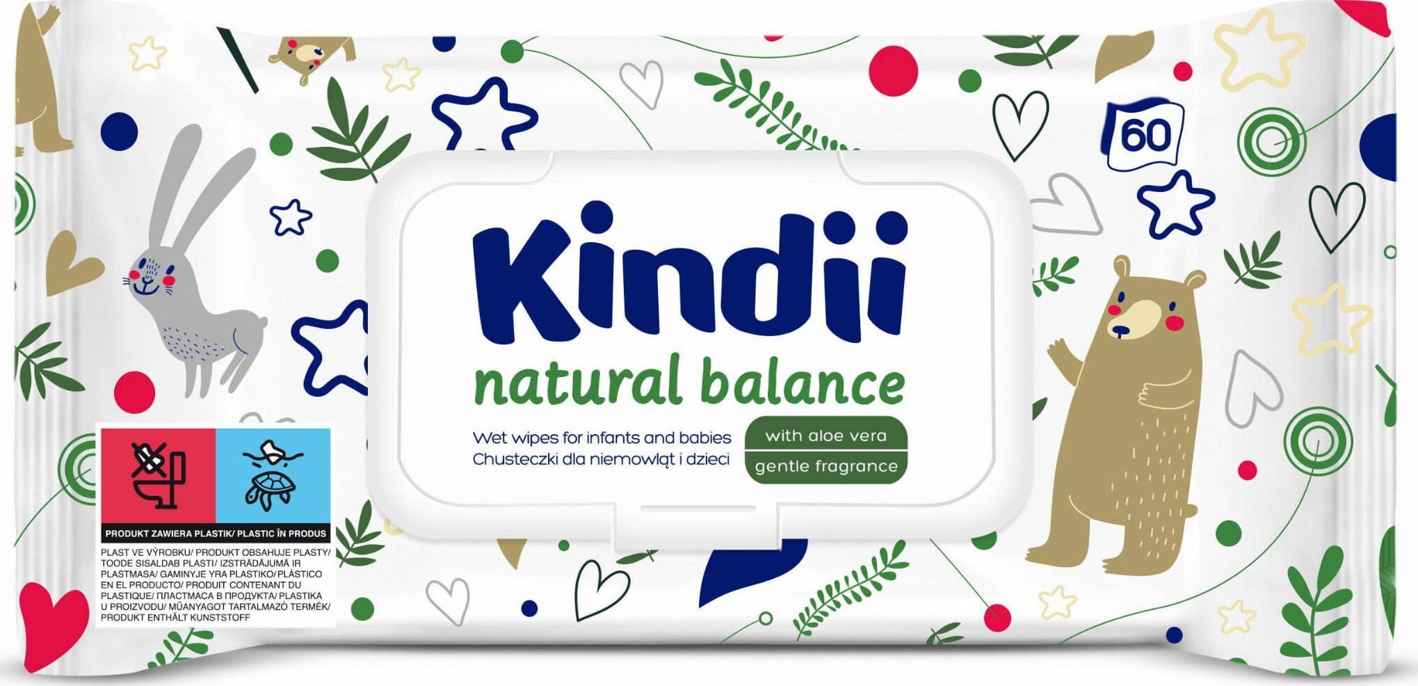 Kindii Natural Balance Chusteczki nawilżane dla niemowląt i dzieci 60szt.