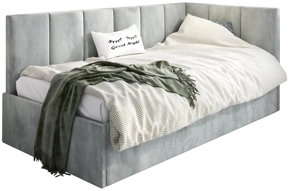 Łóżko młodzieżowe AURA 100x200 jasne szare z tapicerowanym panelem L i pojemnikiem na pościel MKPOL