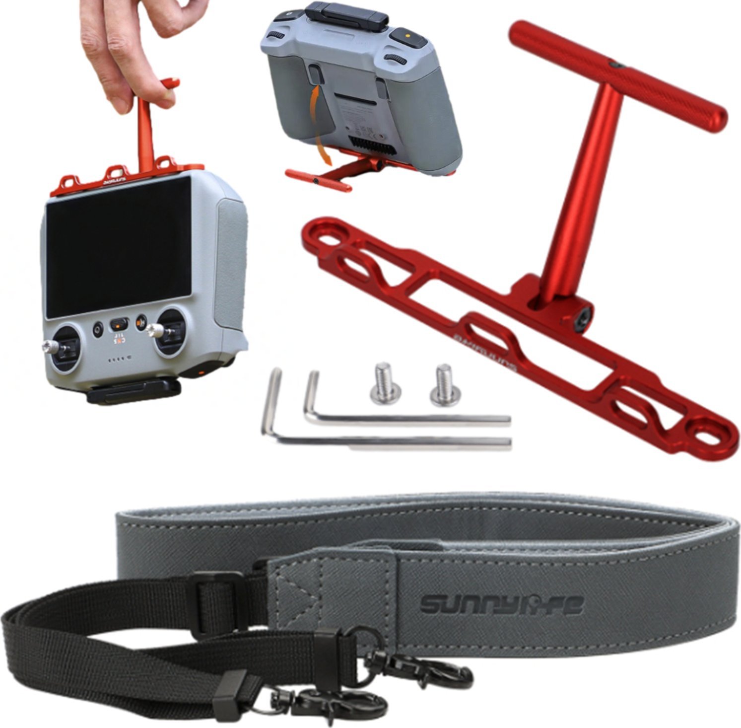 SunnyLife SOLIDNY ALUMINIOWY UCHWYT STOJAK PODPORA SMYCZ REGULOWANA DO KONTROLERA DJI RC 1 / RC 2 - DJI MINI 3 PRO / 4 PRO ITP. - RED