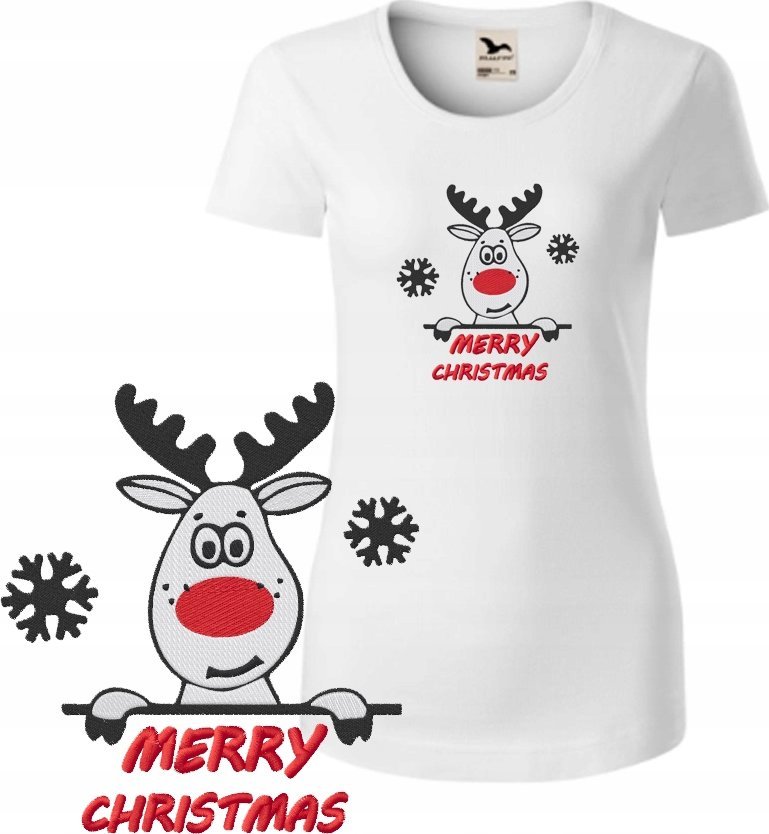 KOSZULKA DAMSKA ŚWIĄTECZNA BIAŁA RENIFER L KRÓTKI RĘKAW HAFT PREZENT