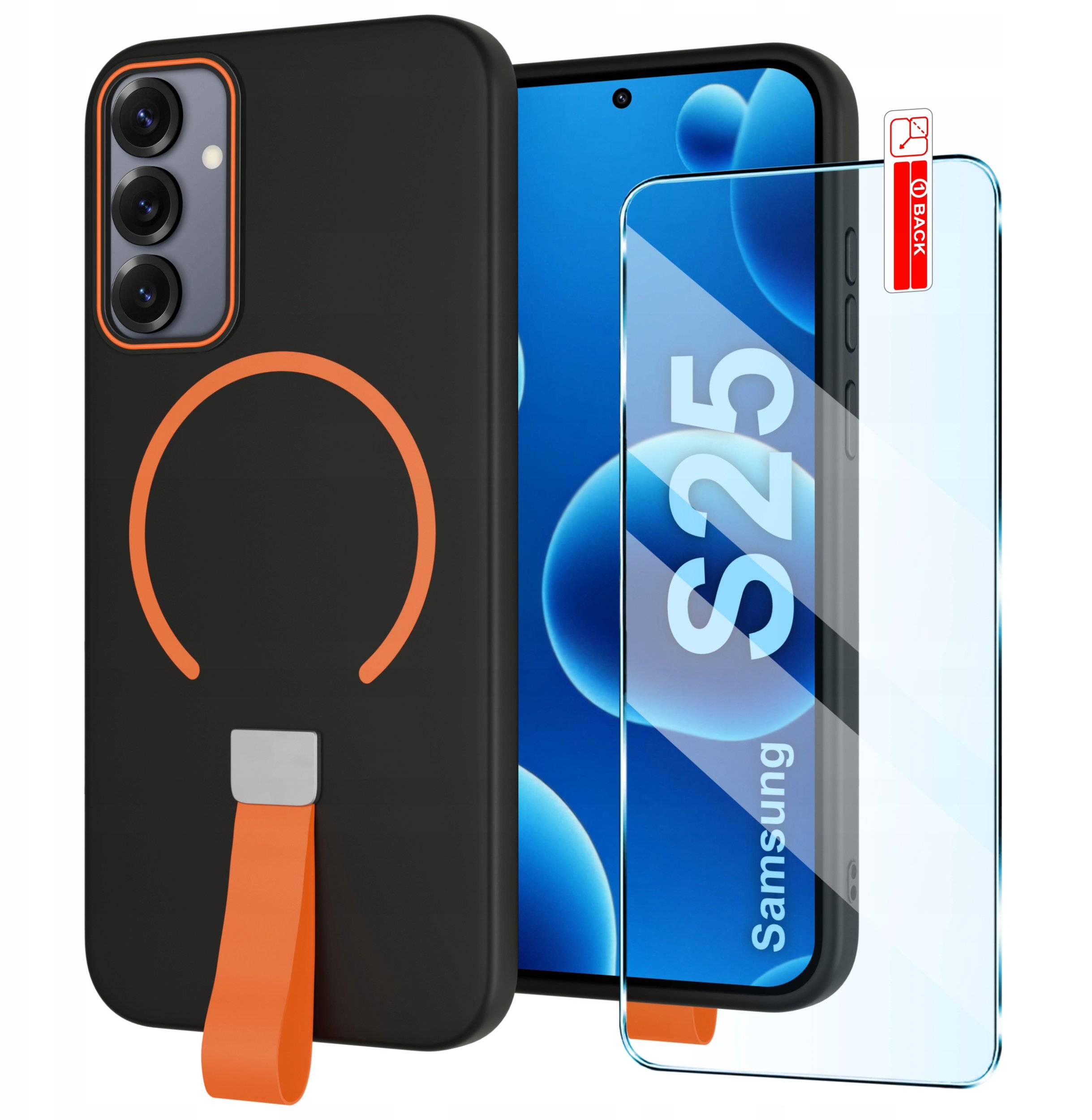 Etui z Paskiem na palec Matowe CZARNE do Samsung S25 |do MagSafe +Szkło