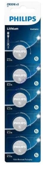 Bateria litowa, CR2016, CR2016, 3V, PHILIPS, blistr, 5-pack, CR2016P5/01B, guzikowa, 75 mAh