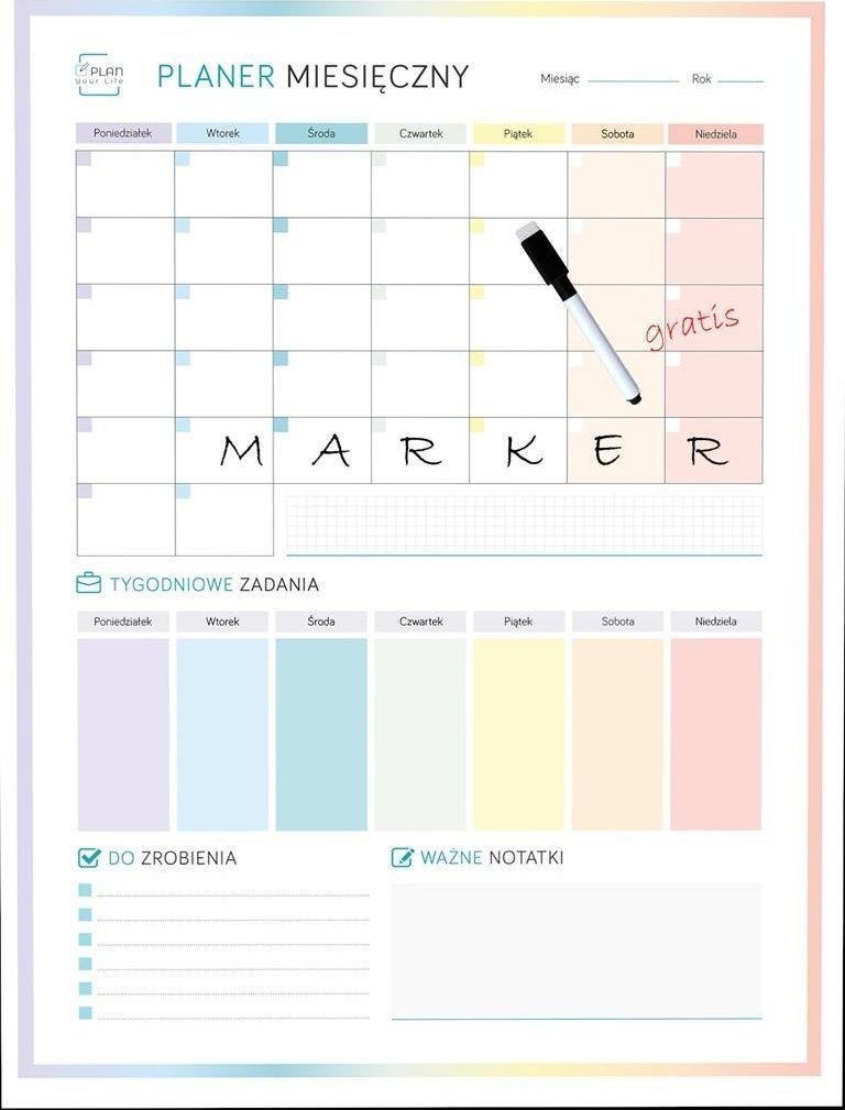Plan your life Planer magnetyczny miesięczny tęczowy + marker