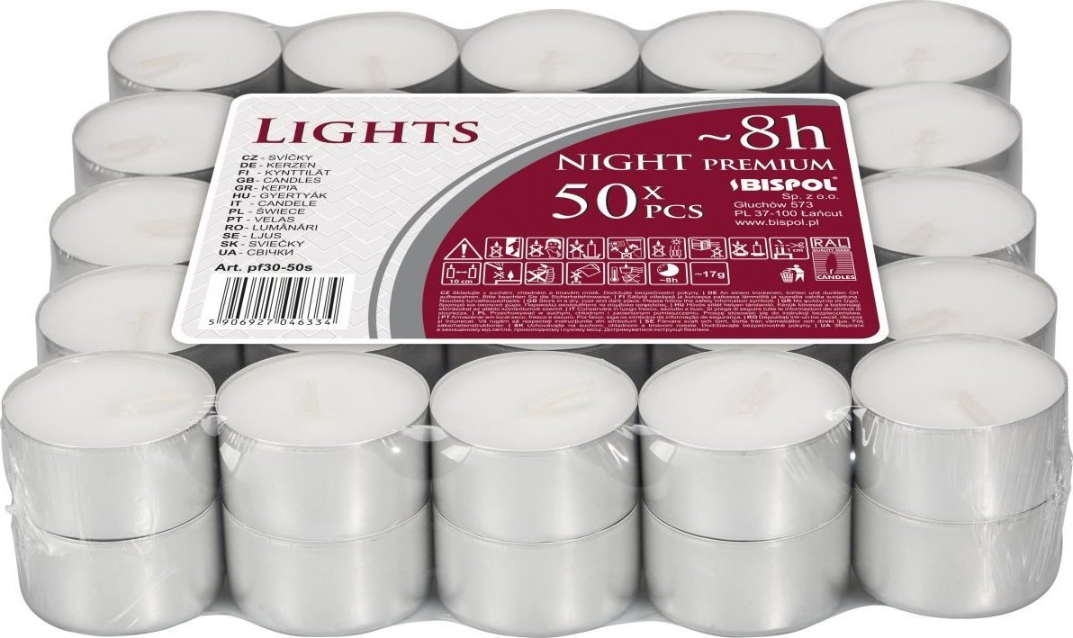 Bispol Podgrzewacze bezzapachowe tealight BISPOL NIGHT LIGHTS PREMIUM 50 szt
