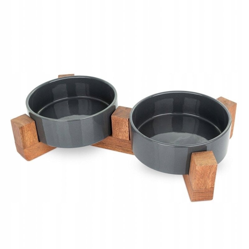 Barry King Zestaw 2 misek dla kota na stojaku drewnianym, ciemnoszary, ceramiczny, 12cm