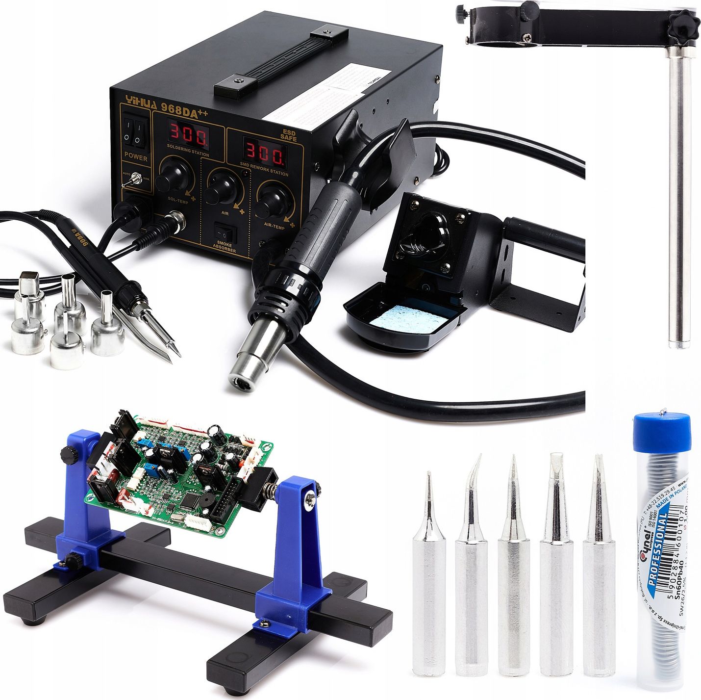 Techrebal STACJA 3W1 YIHUA 968DA++ UCHWYT HOTAIR PCB GROTY