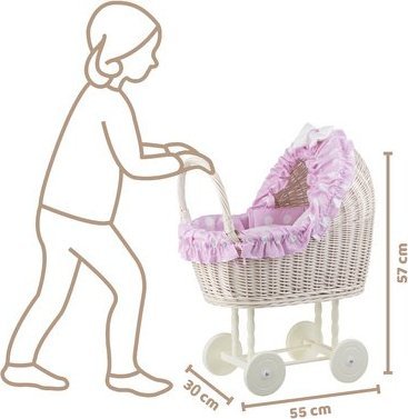 WickerPL LULU WIKLINOWY WYBIELANY WÓZEK DLA LALEK Z POŚCIELĄ 55X30 H57 CM