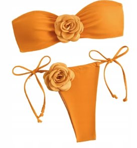Strój kąpielowy dwuczęściowy z ozdobnymi kwiatami bandeau Orange S