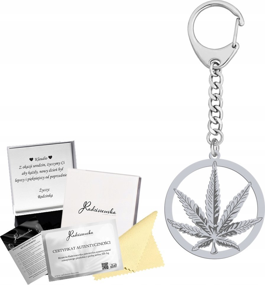 Radziszewska Jewellery Brelok do Kluczy MARIHUANA Srebro 925 Prezent Biżuteria ŻYCZENIA GRATIS