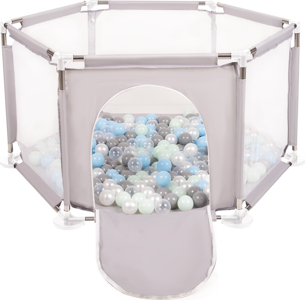 Selonis Selonis Sześciokąt składany KS-100X z piłeczkami 6cm szary: perła-szary-transparent-babyblue-mięta 63x64/200piłek Zabawka kojec