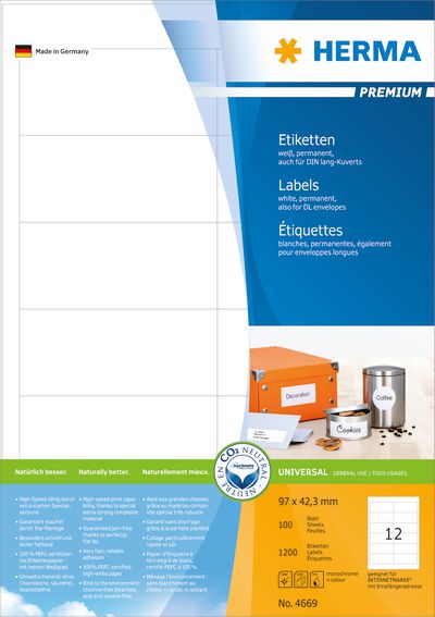 Herma Etykiety Premium A4, białe, papier matowy, 1200 szt. (4669)