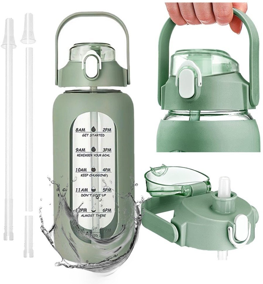 Szklana butelka na wodę 950 ml ze słomką Supero, zielona