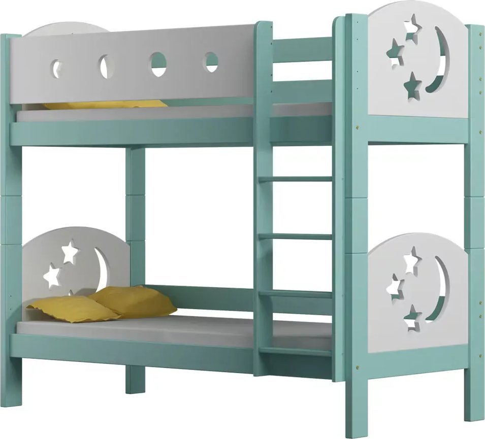 Elior Piętrowe łóżko dziecięce z barierkami i materacami, turkusowe - Mimi 3X 200x90 cm