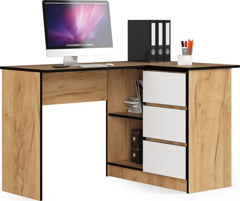 Biurko Fabryka Mebli Akord Biurko narożne B16 124 cm prawe 3 szuflady - dąb craft-białe