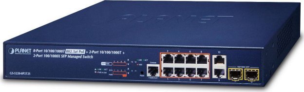 Switch Planet PLANET GS-5220-8P2T2S łącza sieciowe Zarządzany L2+ Gigabit Ethernet (10/100/1000) Obsługa PoE 1U Niebieski