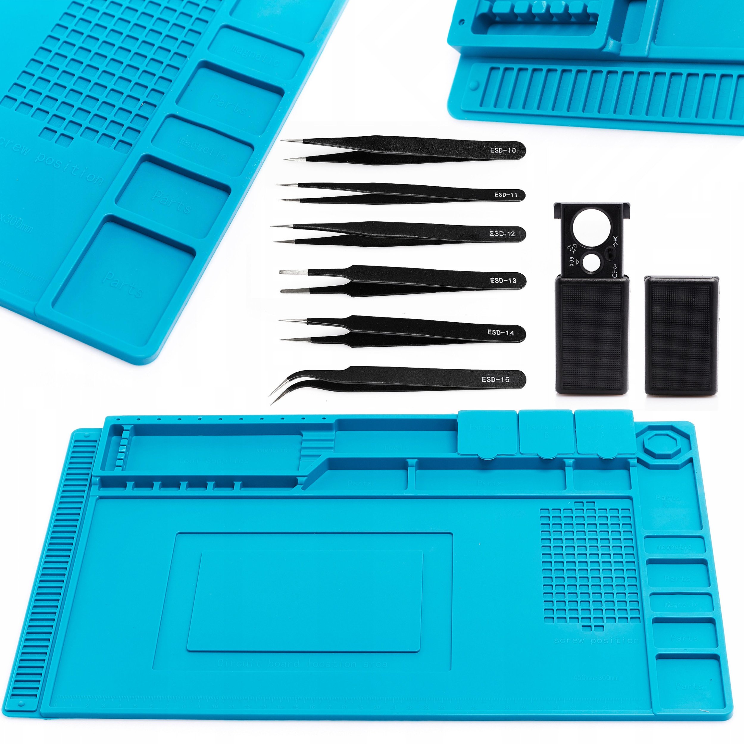 Mata Stołowa Serwisowa Antystatyczna Termoodporna 45x30cm 6x Pęseta ESD Lupa