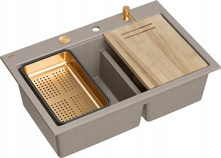 Zlewozmywak GraniteQ MARC 120 WORKSTATION GraniteQ zlewozmywak 2-komorowy 760*500*235 mm soft taupe + syfon push to open + dozownik + deska + wkładka