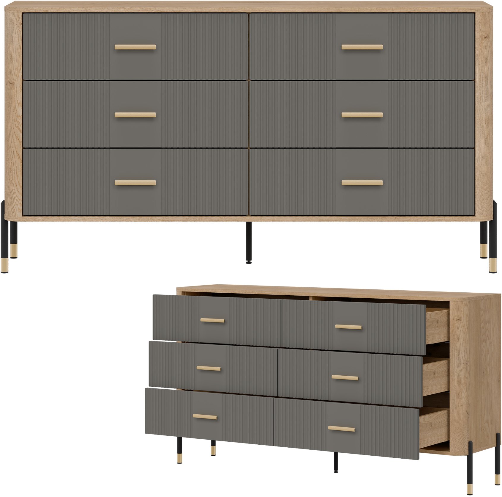Komoda Szafka z 6 szufladami Szeroka 165 cm Dąb Szary Złoty DANTE DT05