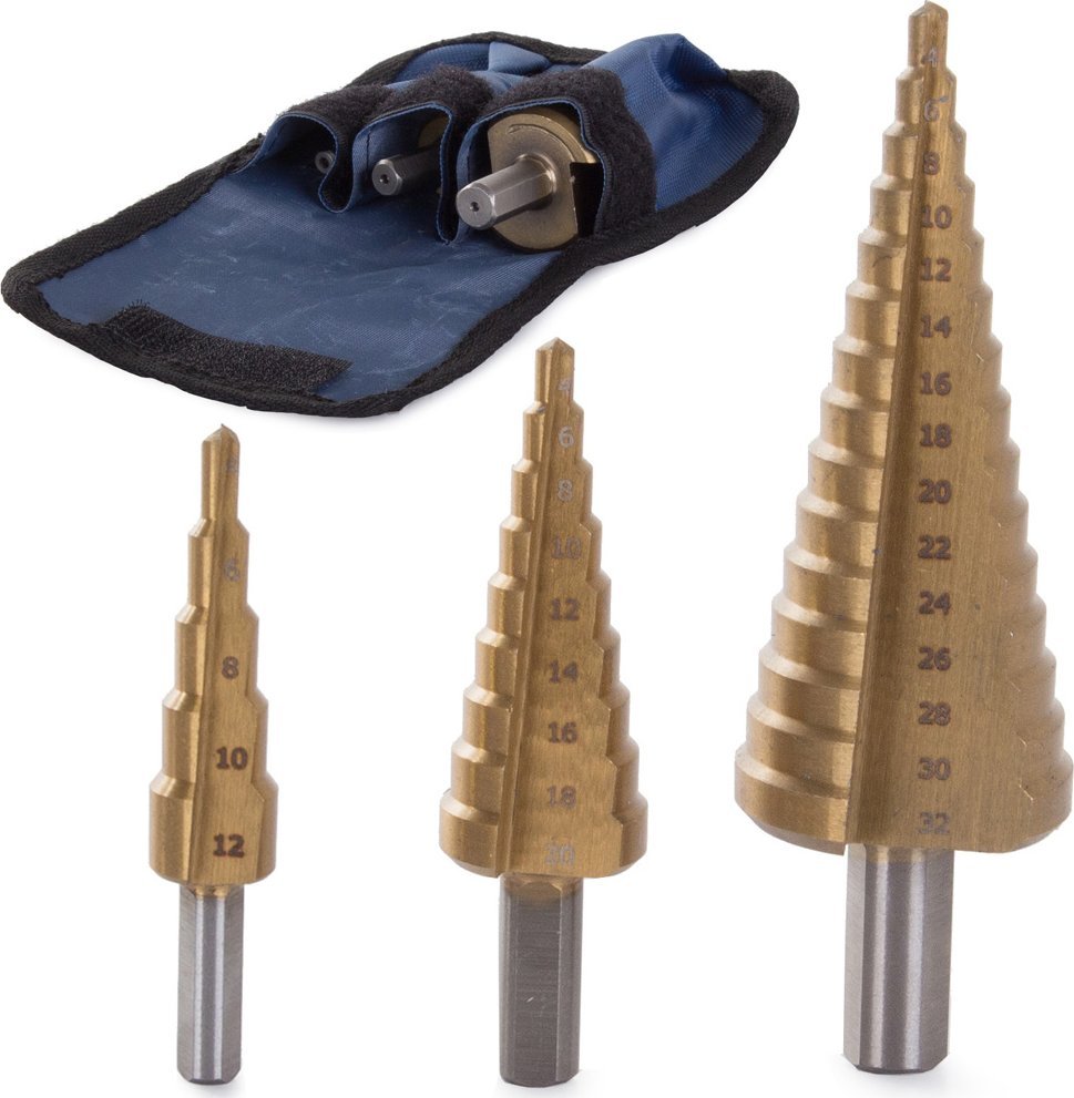 Wiertło Verk Wiertła wiertło stożkowe stopniowe 3 szt HSS tytan Wiertła wiertło stożkowe stopniowe 3 szt HSS tytan