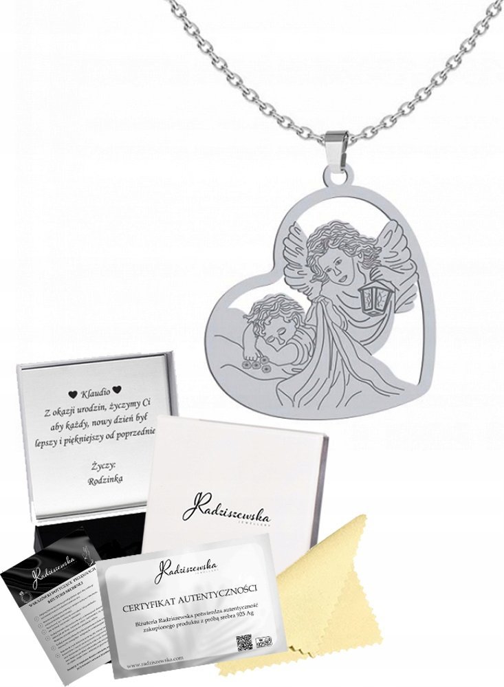 Radziszewska Jewellery Naszyjnik Srebrny Anioł Stróż Serce Łańcuszek 925 Prezent GRAWER GRATIS