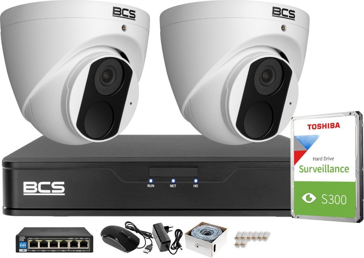 BCS Zestaw do monitoringu Rejestrator BCS-P-NVR0401-4K-E-II Kamery 2x BCS-P-EIP15FSR3 5Mpx