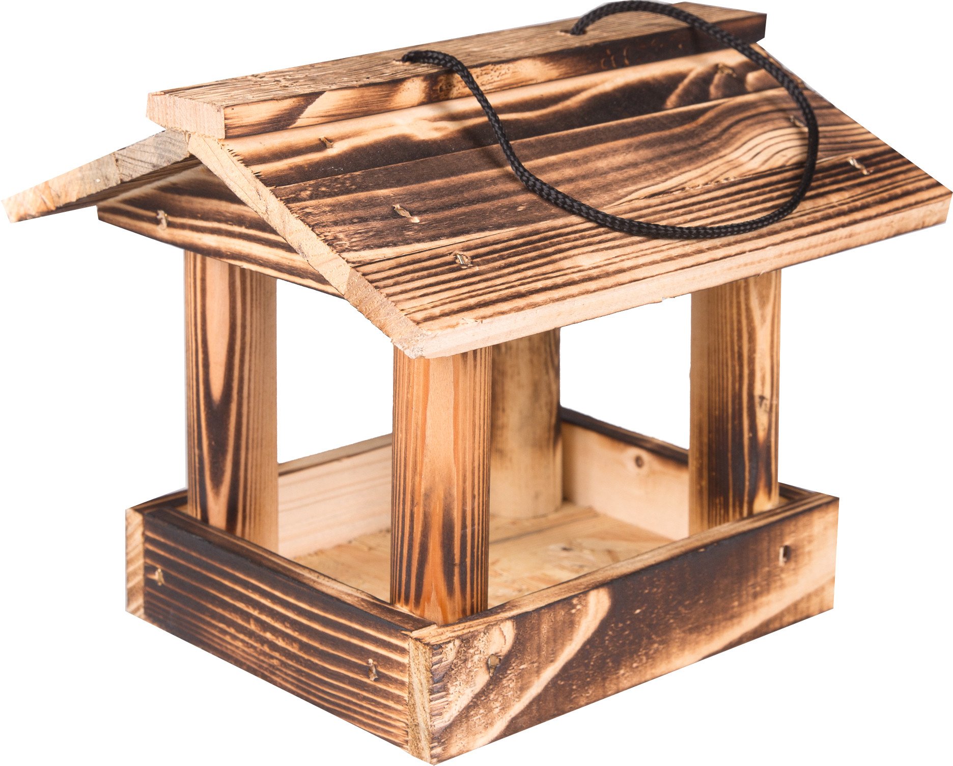 Karmnik dla ptaków budka domek drewniany na ziarno opalany producent karma