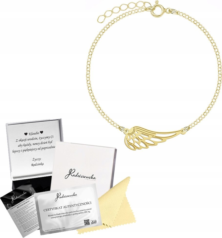 Radziszewska Jewellery Bransoletka Złota SKRZYDŁO ANIOŁA Łańcuszek Prezent SREBRO 925 DEDYKACJA