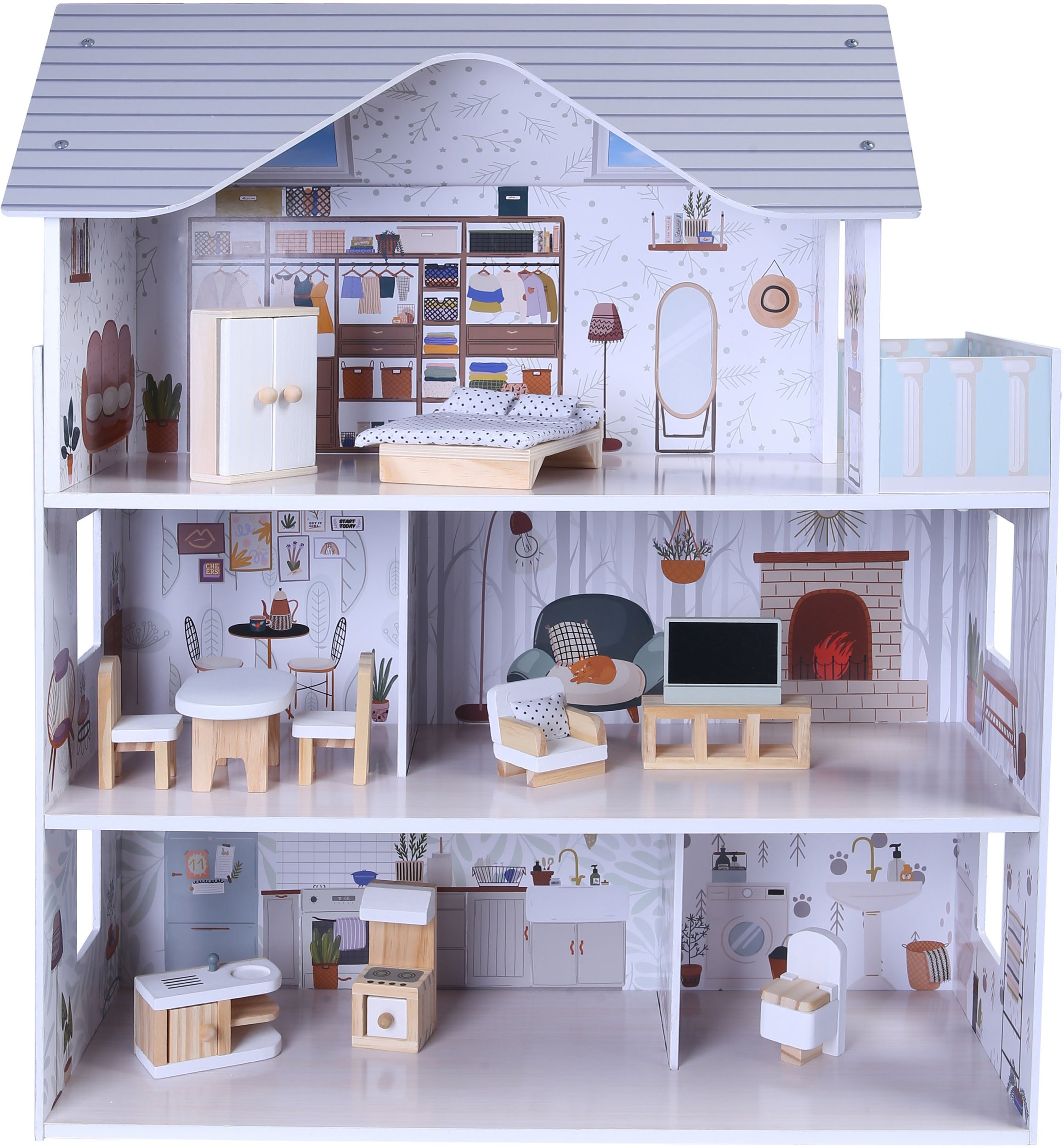 Drewniany domek dla lalek Lili z mebelkami i balkonem