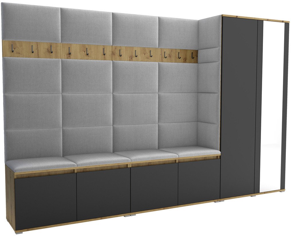 Tapicerowana garderoba Noris V z lustrem - artisan z czarnym frontem + tkanina Trinity 32