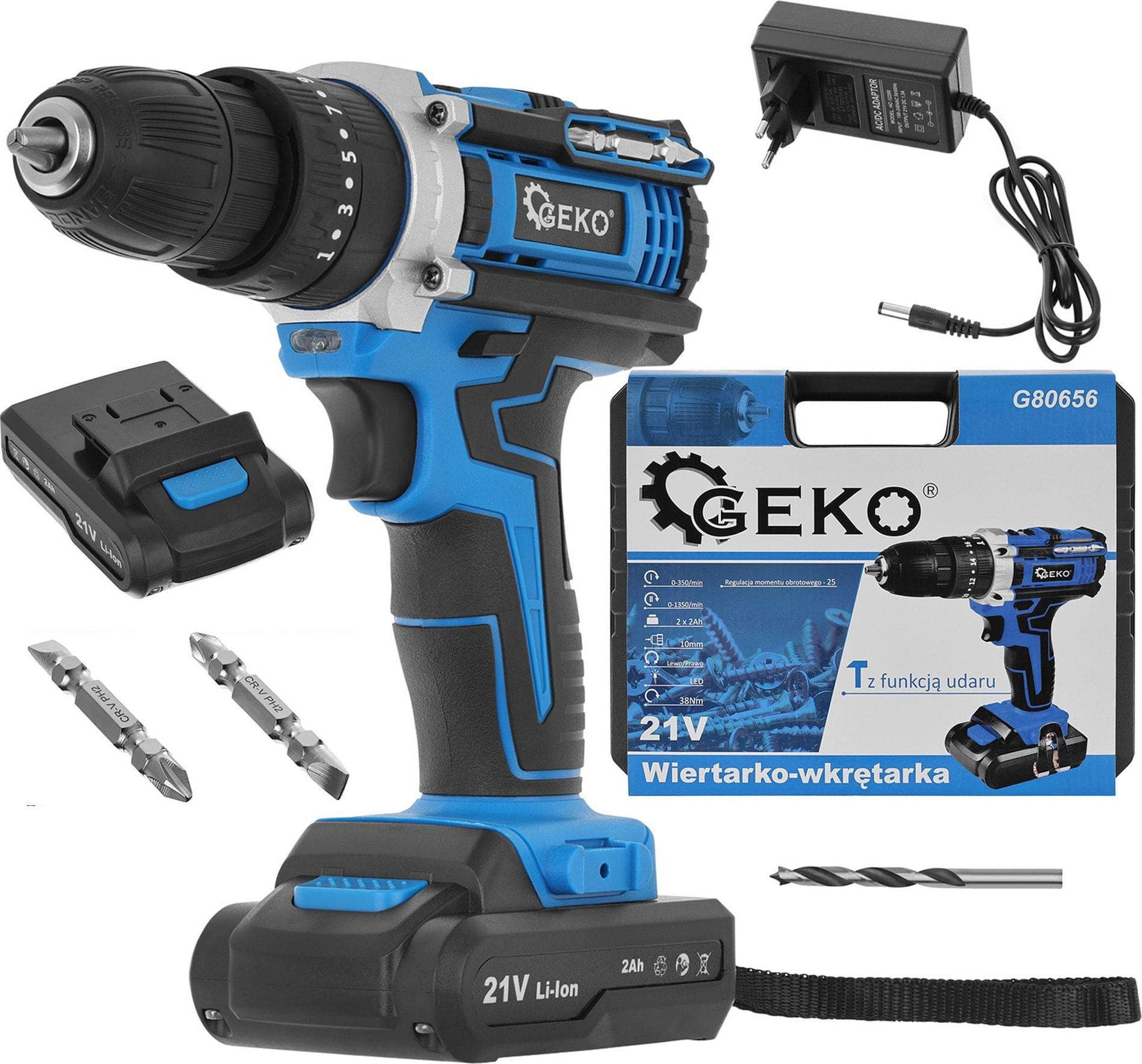 Wiertarko-wkrętarka Geko Wiertarko-wkrętarka z funkcją udaru 21V 2x akumulator 2ah (10)