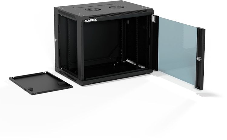 Szafa wisząca 19" 9U 600x450, drzwi szklane jednoskrzydłowe, tył osłona pełna demontowalna, osłony boczne pełne demontowalne zamykane na klucz, 4 belk