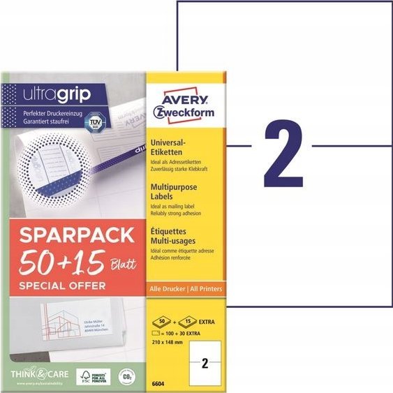 AVERY Universaletiketter Avery 210x148 mm, hvid med Ultragrip + 30% ekstra indhold - (65 ark x 2 stk.)