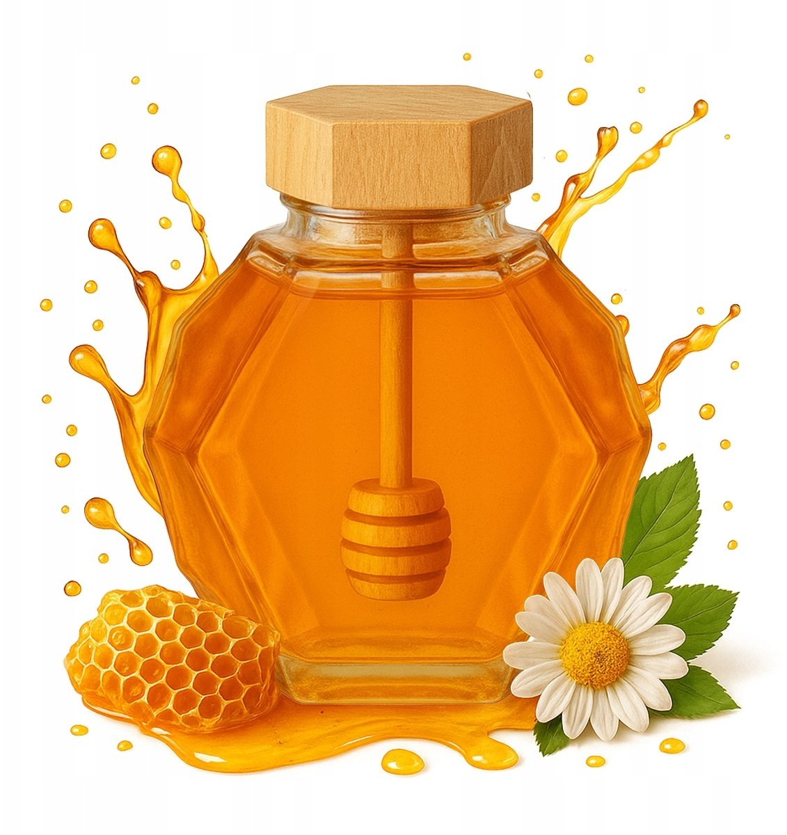 Słoik Szklany MAJA 380 ml z drewnianą pokrywką i łyżką na Miód Heksagon