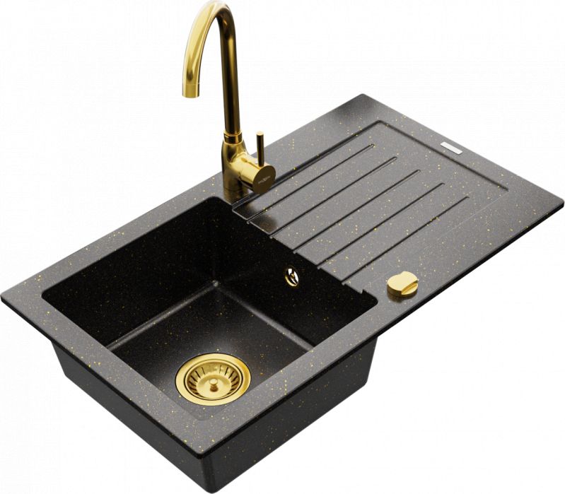 Zlewozmywak Mexen Mexen Pablo zlewozmywak granitowy 1-komorowy z ociekaczem i baterią kuchenną Telma, czarny/złoty - 6510-75-670200-50