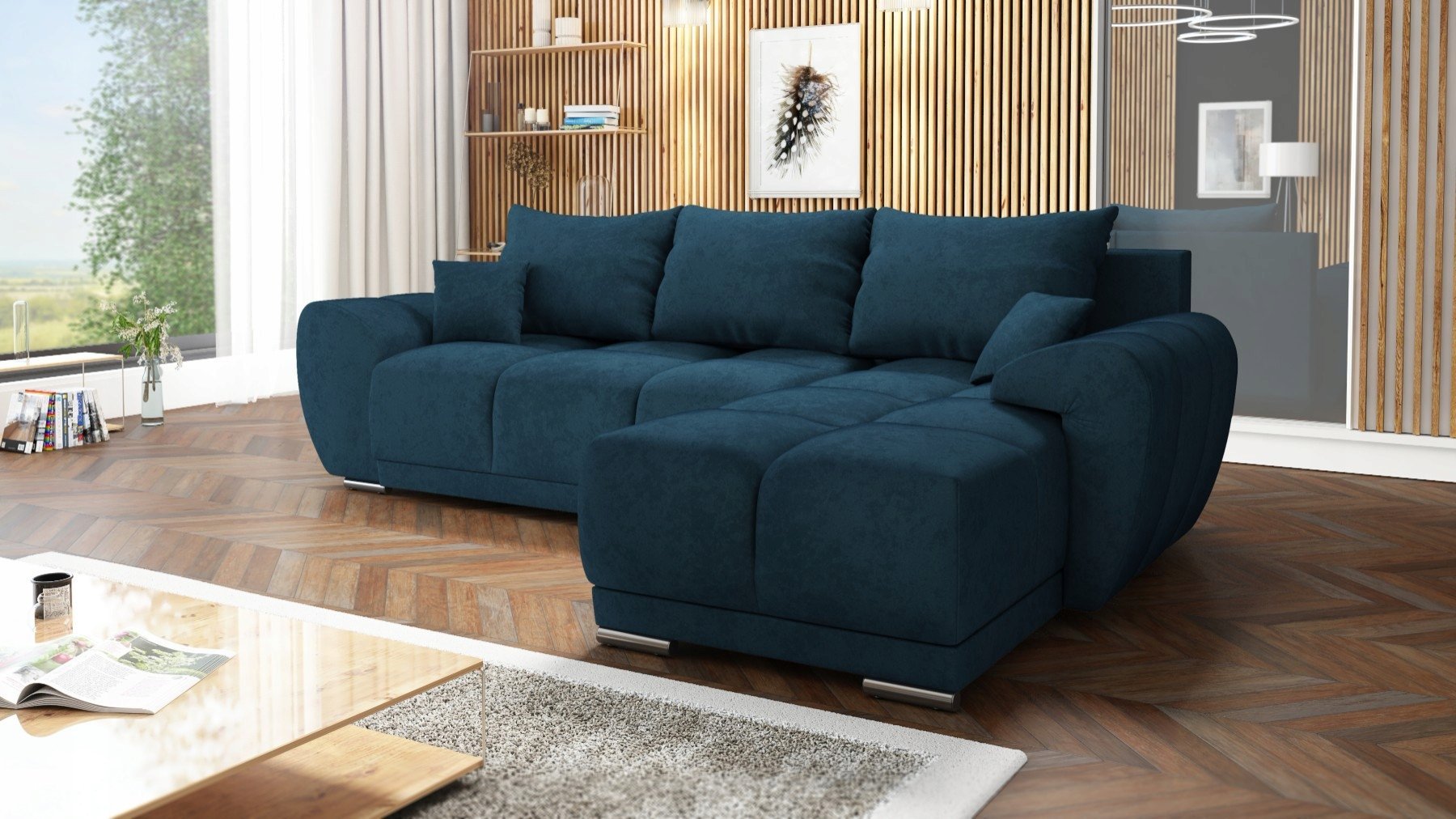 NIEBIESKI WYGODNY NAROŻNIK ROZKŁADANY ROGÓWKA Z FUNKCJĄ SPANIA HONEY L