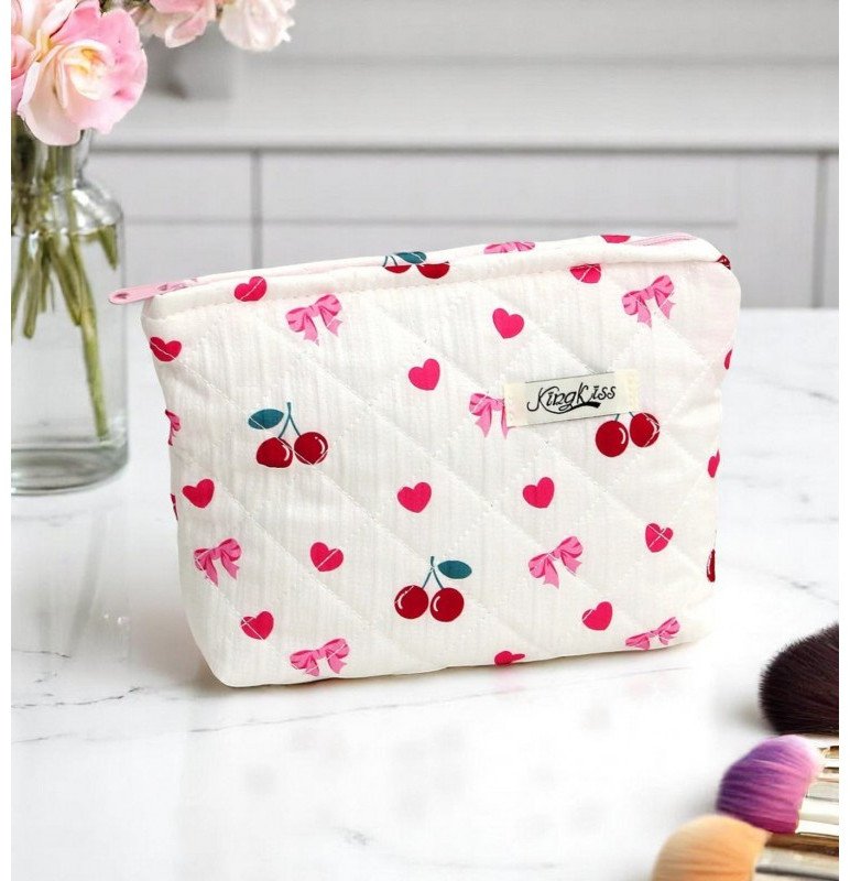 Kosmetyczka damska pikowana kuferek wisienki, kokardki 26 x 7 x 18 cm KS151