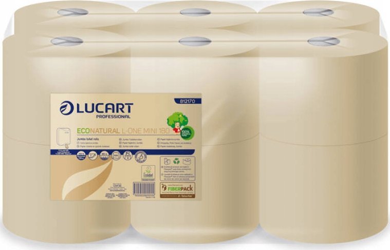 Karen Lucart EcoNatural L-ONE Mini - Papier toaletowy jumbo, centralnie dozowany, 2 warstwy, 180 m, celuloza Fiberpack - 12 rolek