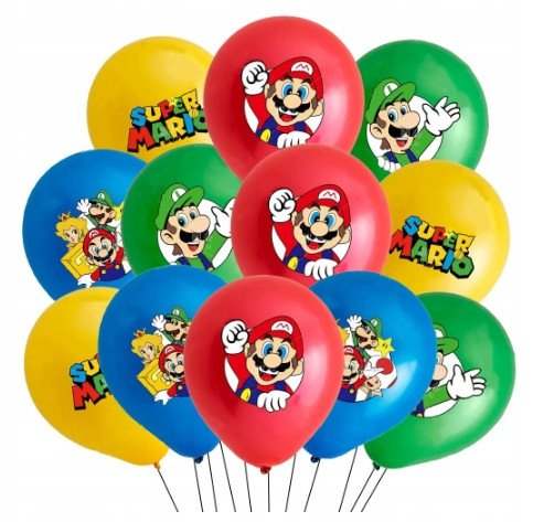 Balon Klasyczny z Nadrukiem na URODZINY - MARIO BROS - 12 szt
