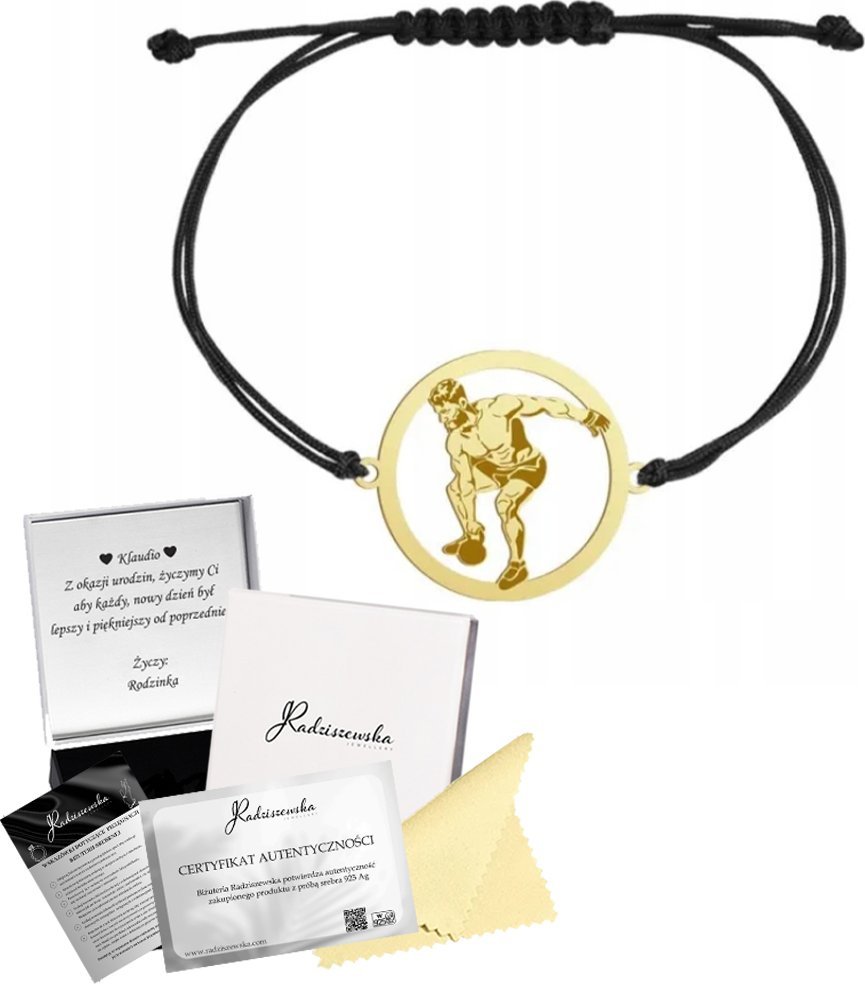 Radziszewska Jewellery Bransoletka Pozłacana Męska Kettlebell Crossfit Sznurek 925 Prezent GRAWER