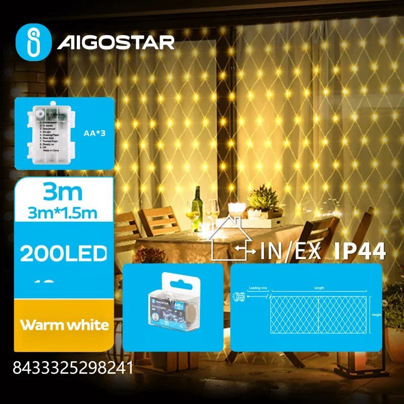 Lampki choinkowe Aigostar Lampki choinkowe siatka 200led na 3 baterie AA, Ciepła biel, 3m * 3m Lampki choinkowe siatka 200led na 3 baterie AA, Ciepła