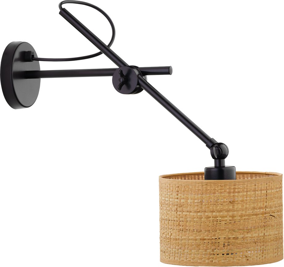 Regulowany kinkiet ścienny LED do salonu w stylu boho HAMILTON BOHO lampa ścienna na wysięgniku z rattanowym kloszem