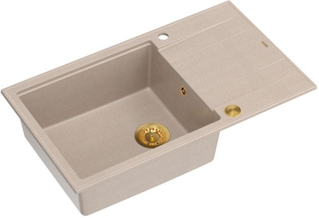 EVAN 136 XL GraniteQ zlewozmywak z syfonem Push To Open 1-komorowy z/o (860x500x210; kom. 420x490) pearl beige / elementy złote