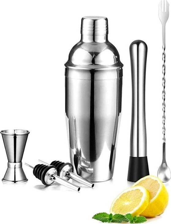 Apte ZESTAW BARMANA 6 elementów Shaker jJigger Miarka srebrny AG818