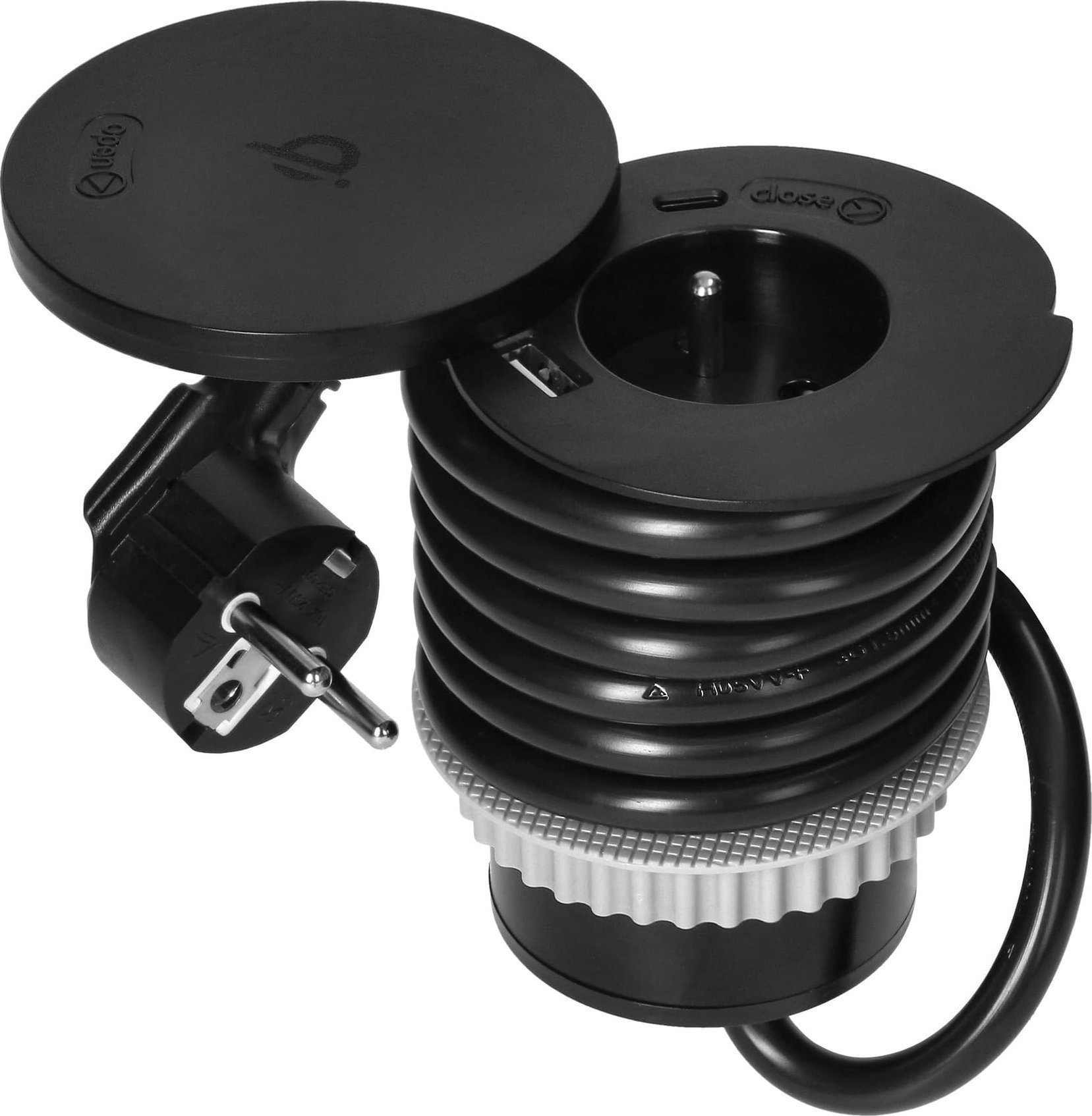 Orno Gniazdo meblowe Orno OR-GM-9028 O6cm z rotacyjną pokrywą ładowarką indukcyjną ładowarką USB i przewodem 1,5m 1x2P+Z, Qi 1.2.4 max. 10W 2xUSB (typ